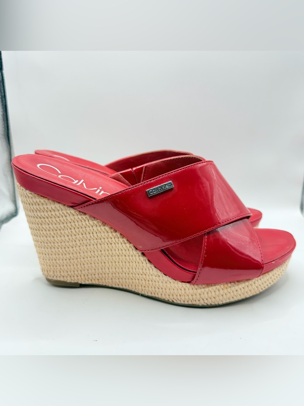 Calvin Klein Jacolyn Red Patent Leather Espadrille Wedge Sandals Women’s 8.5